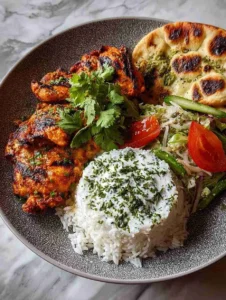 Tandoori Chicken Bowl with Garlic Naan, Herbed Rice & Cooling Raita