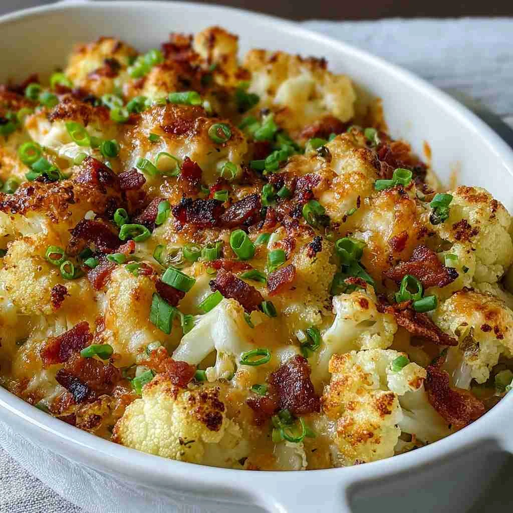Caramelized Onion Bacon Cauliflower Cheese Bake