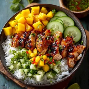 Chili Crisp Chicken Mango Cucumber Rice Bowl for a Fresh Twist