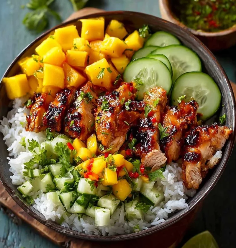 Chili Crisp Chicken Mango Cucumber Rice Bowl Fresh