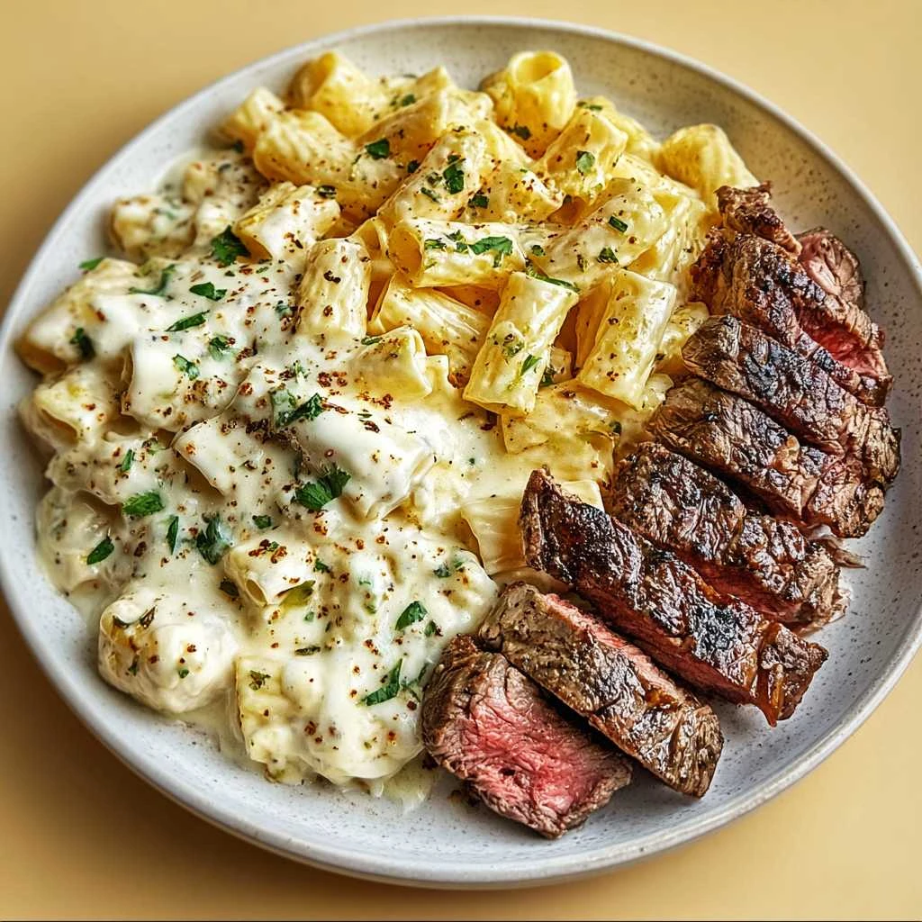 Irresistible Garlic Butter Steak with Cheesy Rigatoni Alfredo