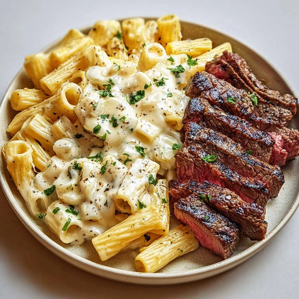 Irresistible Garlic Butter Steak Cheesy Rigatoni Alfredo