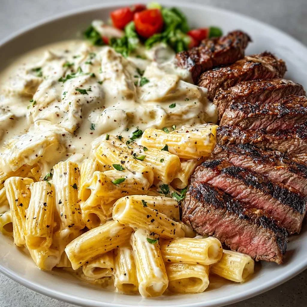 Irresistible Garlic Butter Steak Cheesy Rigatoni Alfredo