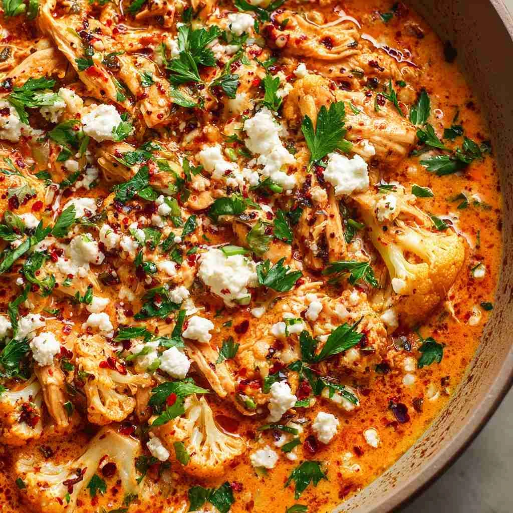 One Pan Creamy Red Pepper and Feta Chicken and Cauliflower