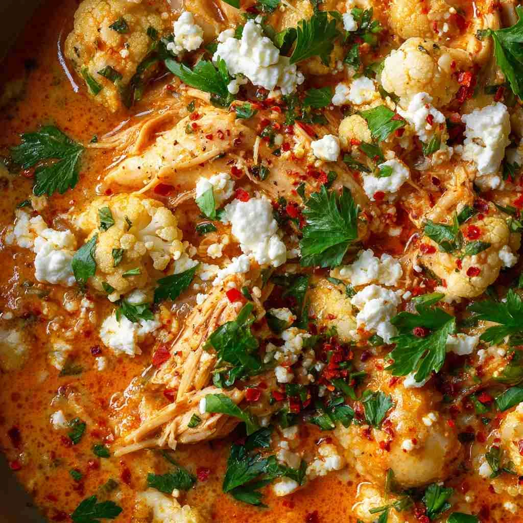 One Pan Creamy Red Pepper Feta Chicken Cauliflower