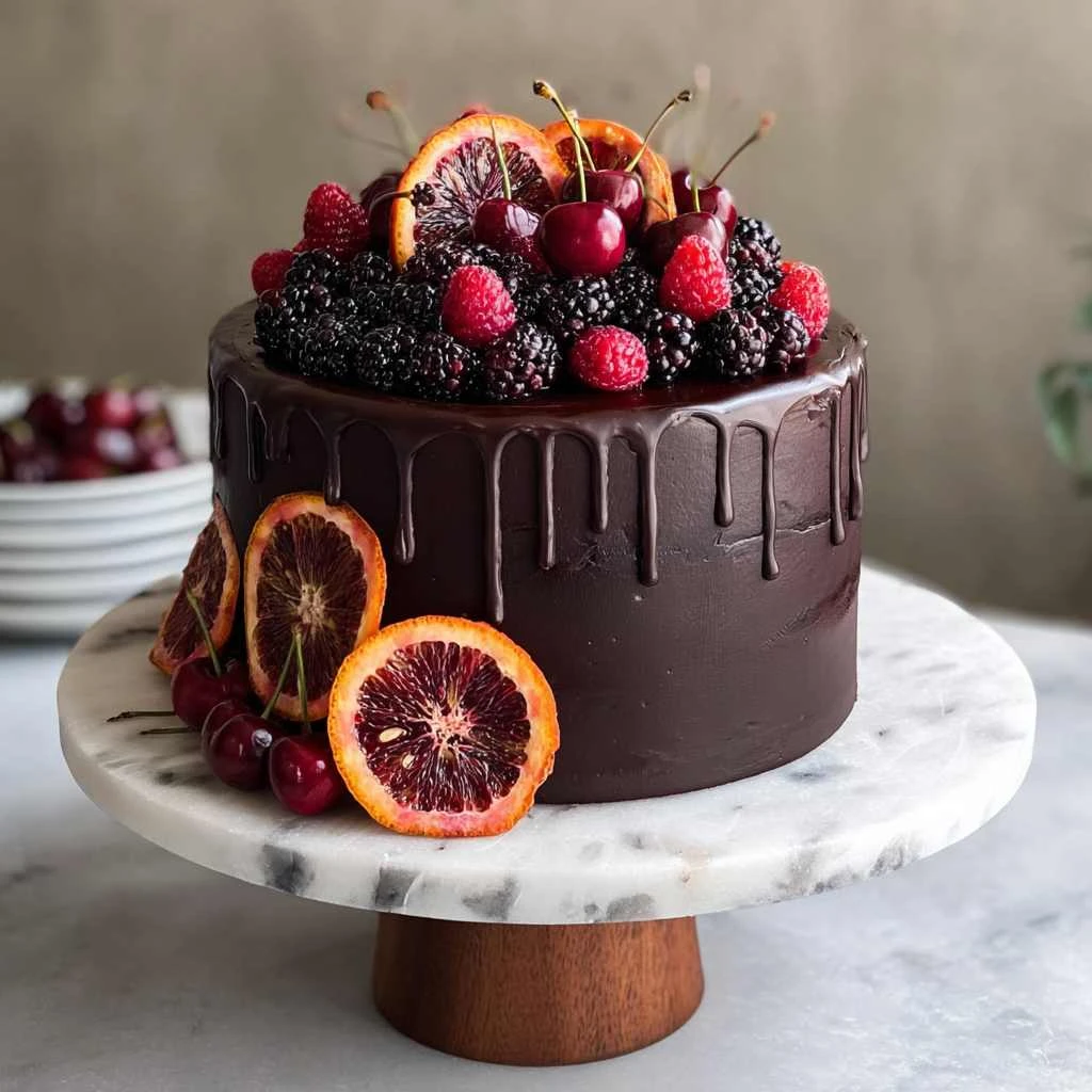 Black Cocoa Cake Fresh Berries Blood Orange Slices