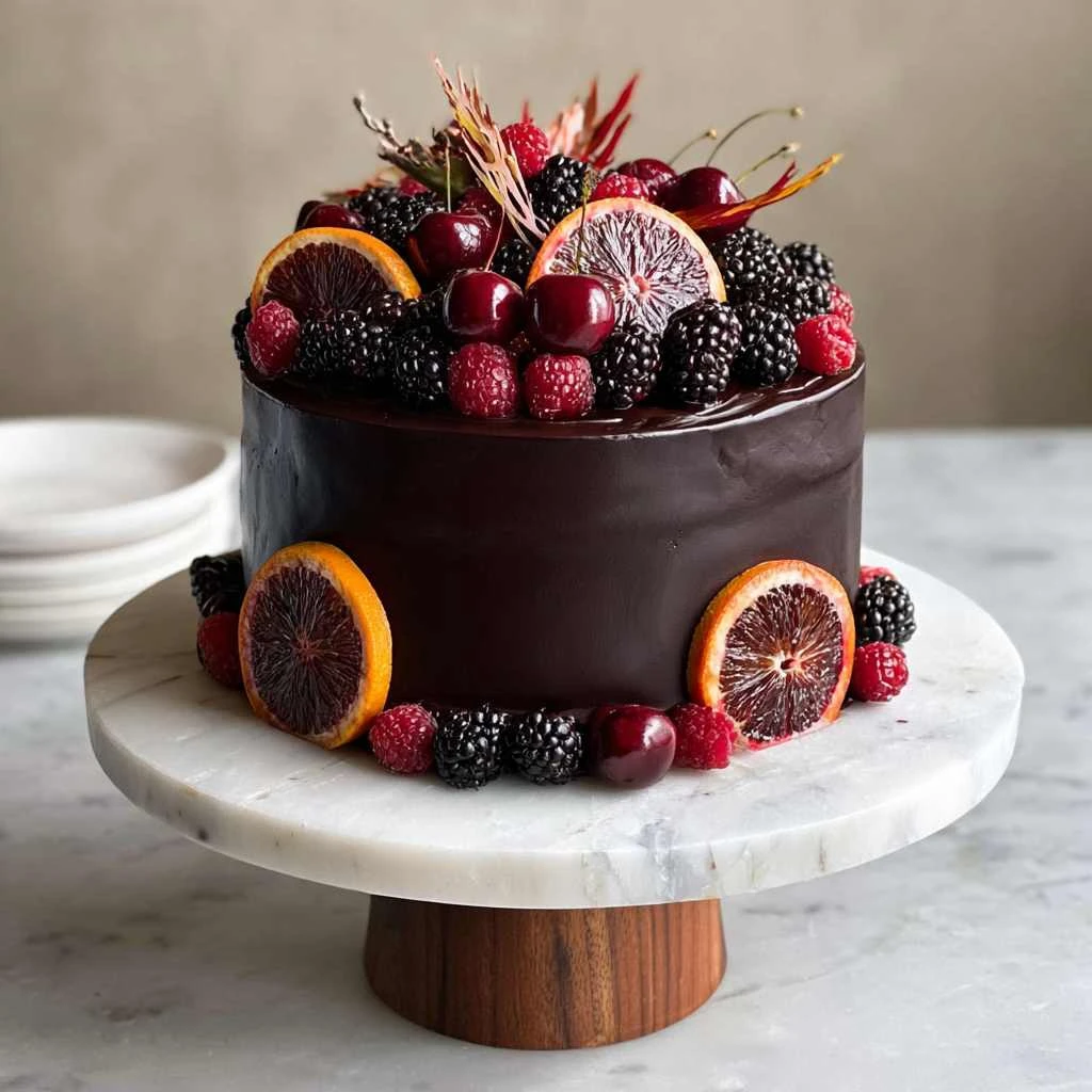 Black Cocoa Cake Fresh Berries Blood Orange Slices