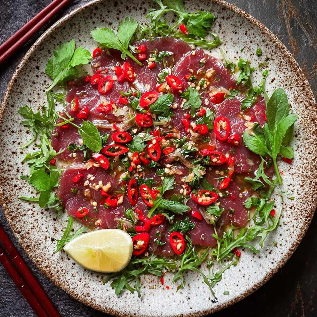 Savory Vietnamese Beef Carpaccio with Fresh Herbs and Zing