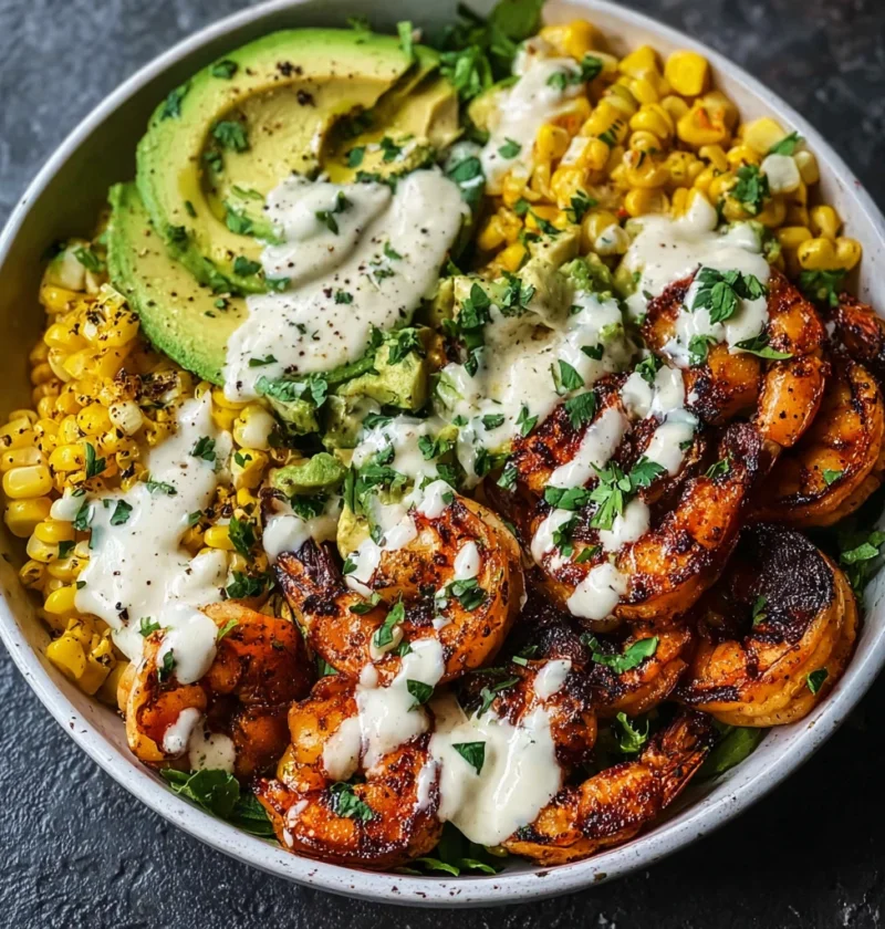 Grilled Shrimp Bowl Avocado Corn Salsa Creamy Garlic
