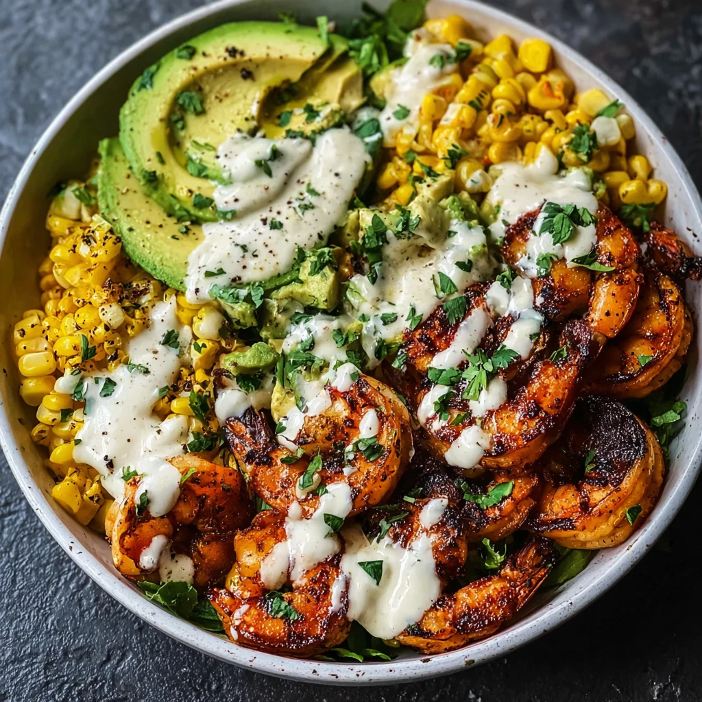 Grilled Shrimp Bowl with Avocado Corn Salsa and Creamy Garlic Sauce
