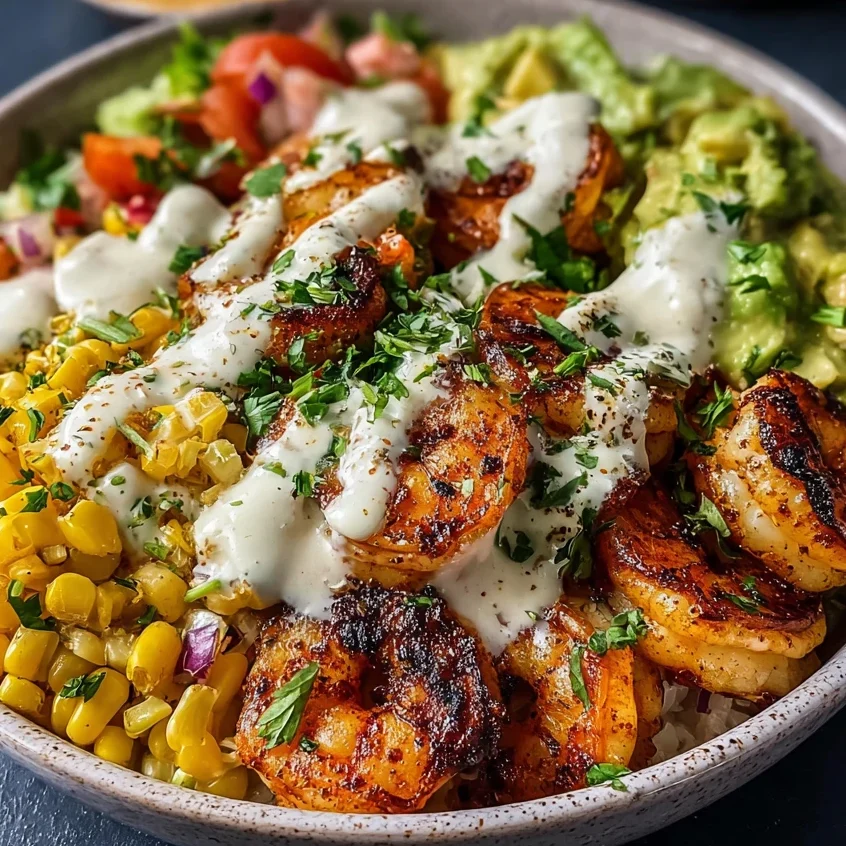 Grilled Shrimp Bowl Avocado Corn Salsa Creamy Garlic