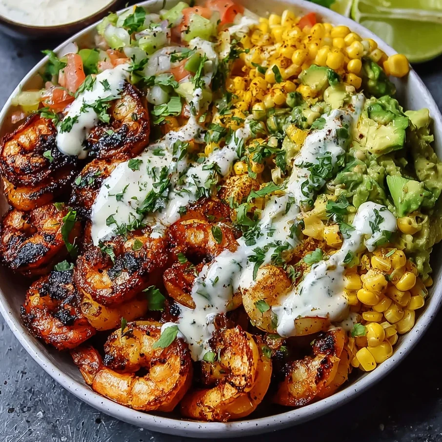 Grilled Shrimp Bowl Avocado Corn Salsa Creamy Garlic