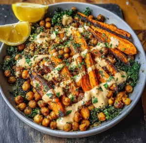 High Protein One Pan Roasted Carrot and Chickpea Bowl