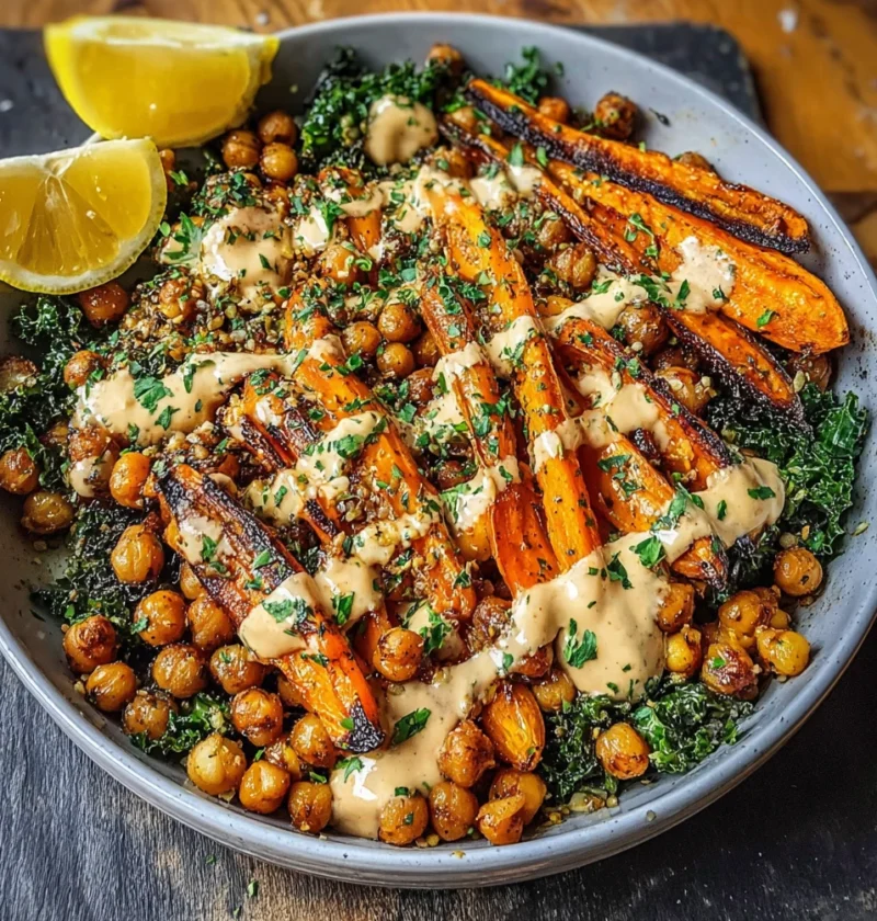 High Protein One Pan Roasted Carrot Chickpea Bowl