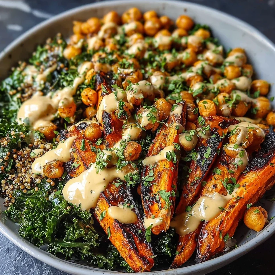 High Protein One Pan Roasted Carrot Chickpea Bowl