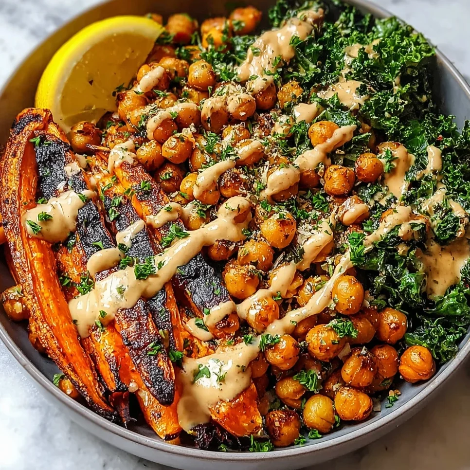 High Protein One Pan Roasted Carrot Chickpea Bowl