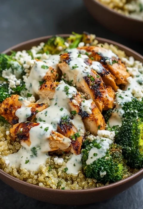 Healthy Grilled Chicken Broccoli Bowls Creamy Garlic Sauce
