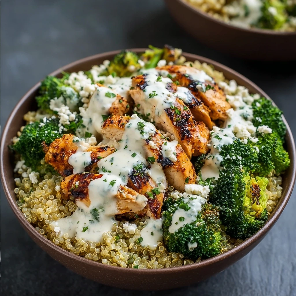Healthy Grilled Chicken Broccoli Bowls with Creamy Garlic Sauce