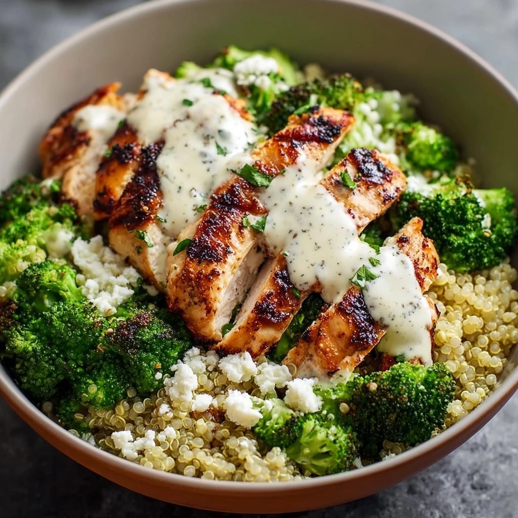 Healthy Grilled Chicken Broccoli Bowls Creamy Garlic Sauce