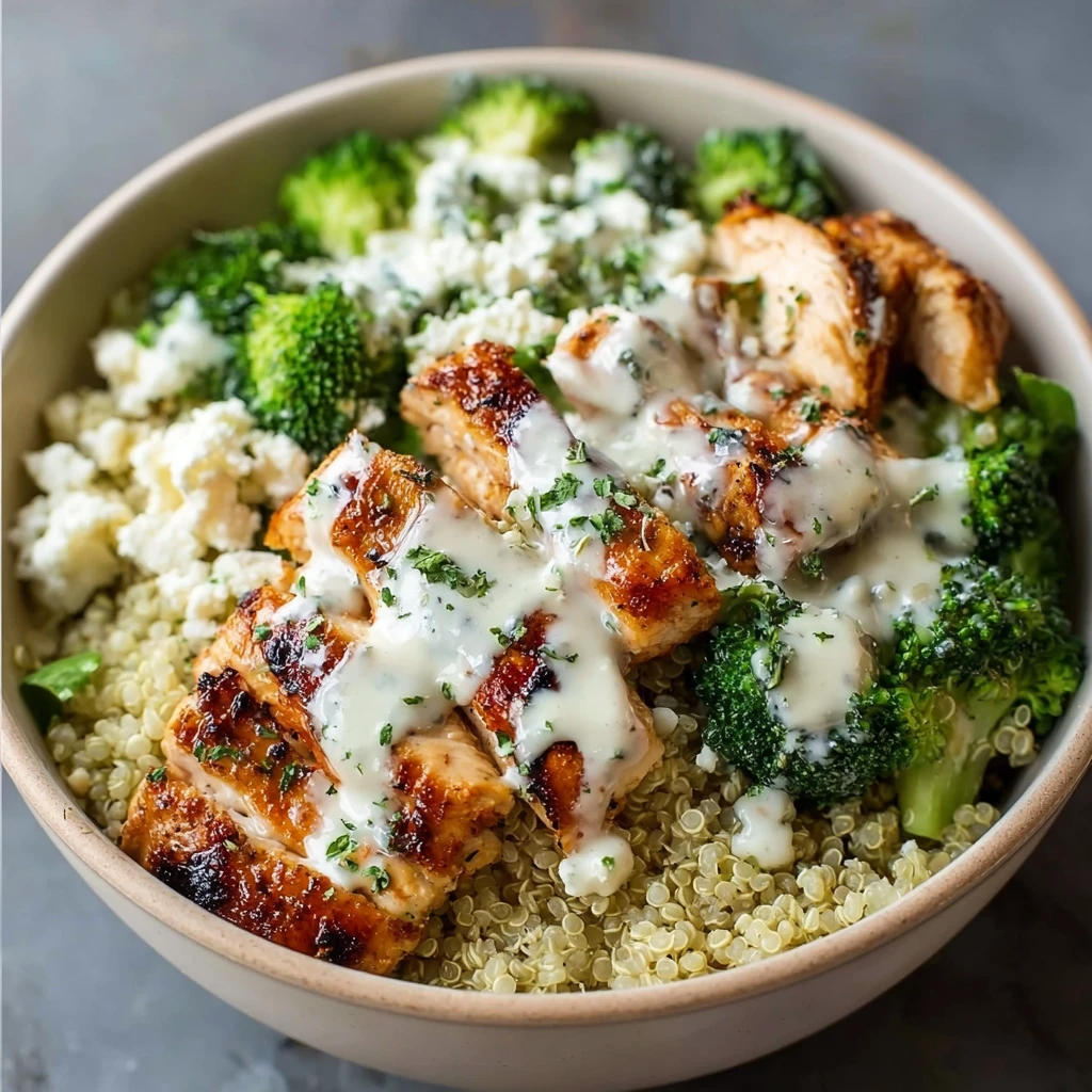 Healthy Grilled Chicken Broccoli Bowls Creamy Garlic Sauce