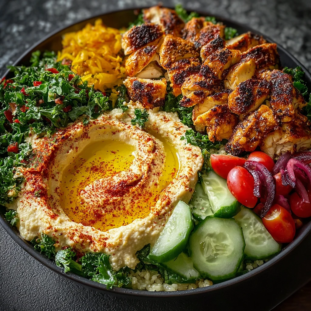 Lemon Chili Grilled Chicken Bowls with Cucumber Salad & Hummus