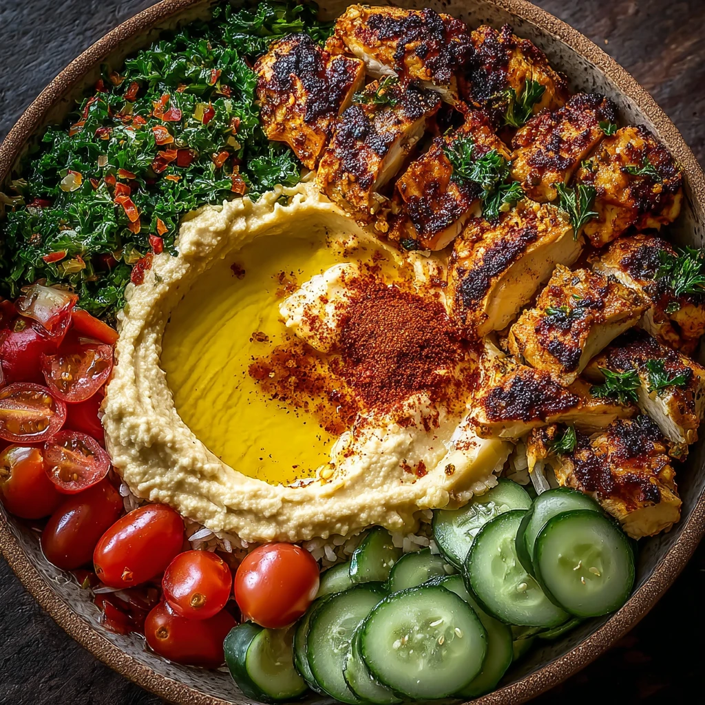 Lemon Chili Grilled Chicken Bowls Cucumber Salad Hummus