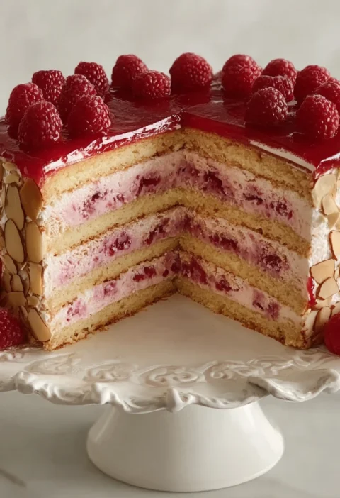 Raspberry Vanilla Crunch Cake Creamy Almond Finish
