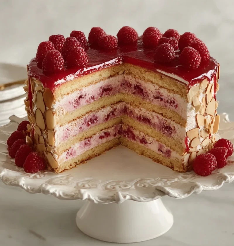 Raspberry Vanilla Crunch Cake Creamy Almond Finish