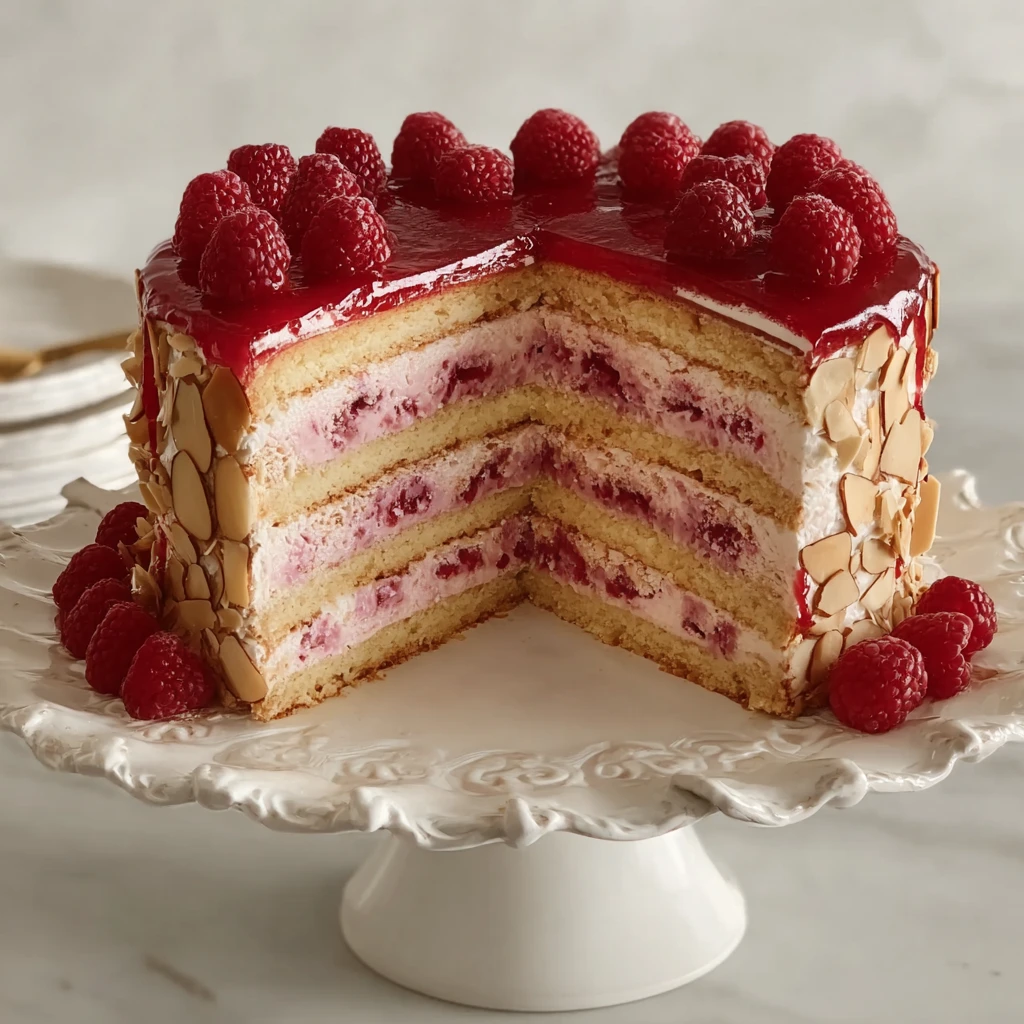 Raspberry Vanilla Crunch Cake with Creamy Almond Finish