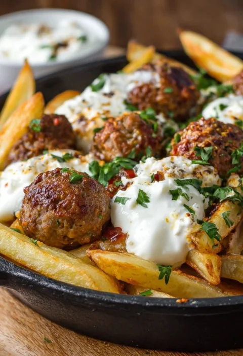 Spiced Meatball Fries Garlic Yogurt Cheese Yummy