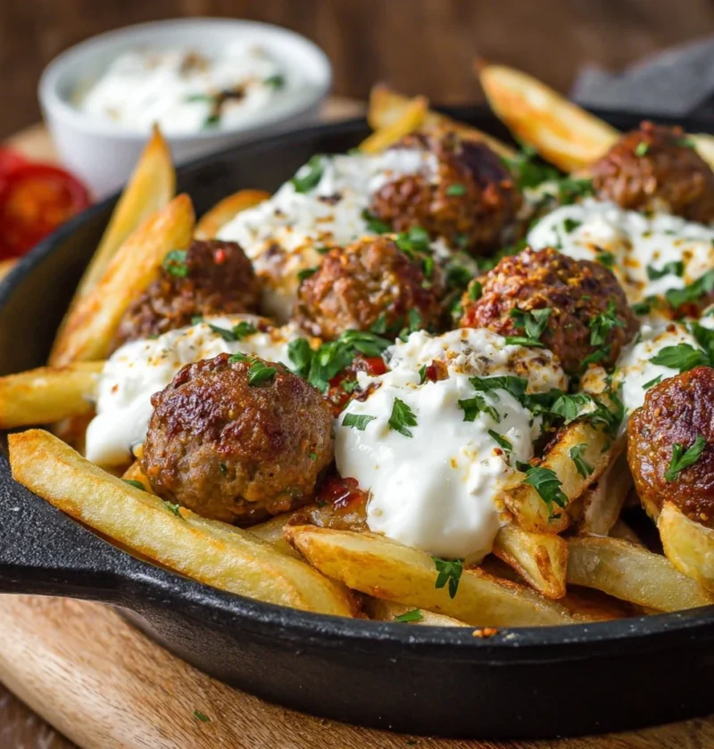 Spiced Meatball Fries Garlic Yogurt Cheese Yummy
