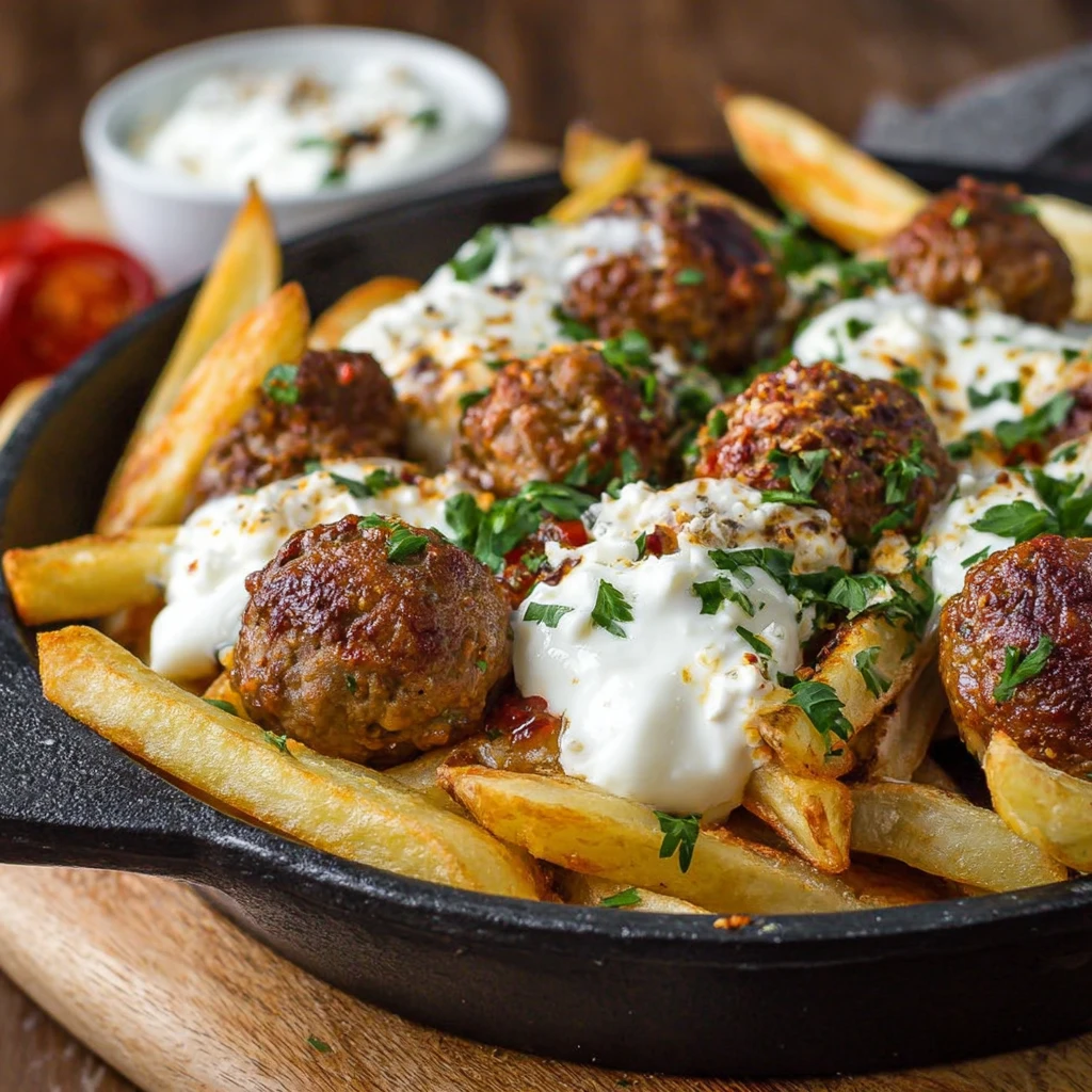 Spiced Meatball Fries with Garlic Yogurt & Cheese : Easy & Yummy