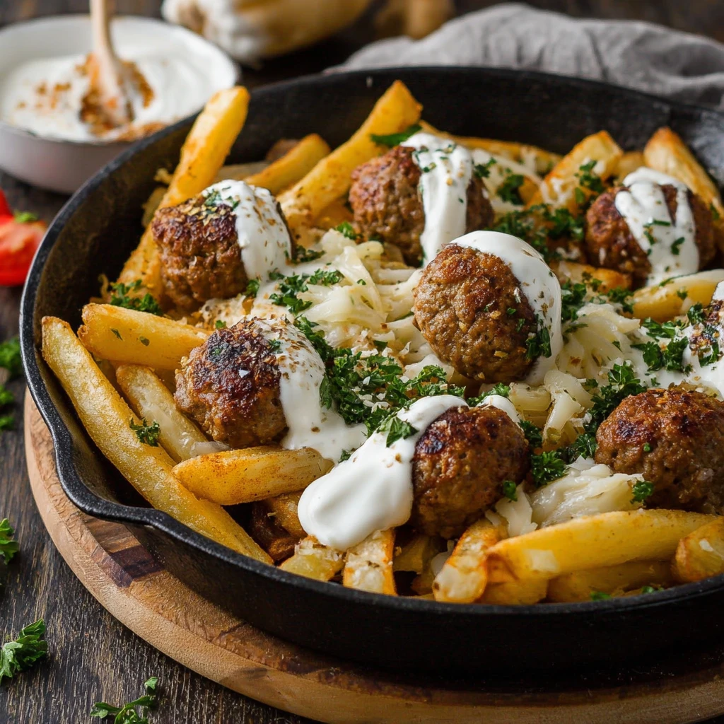 Spiced Meatball Fries Garlic Yogurt Cheese Yummy