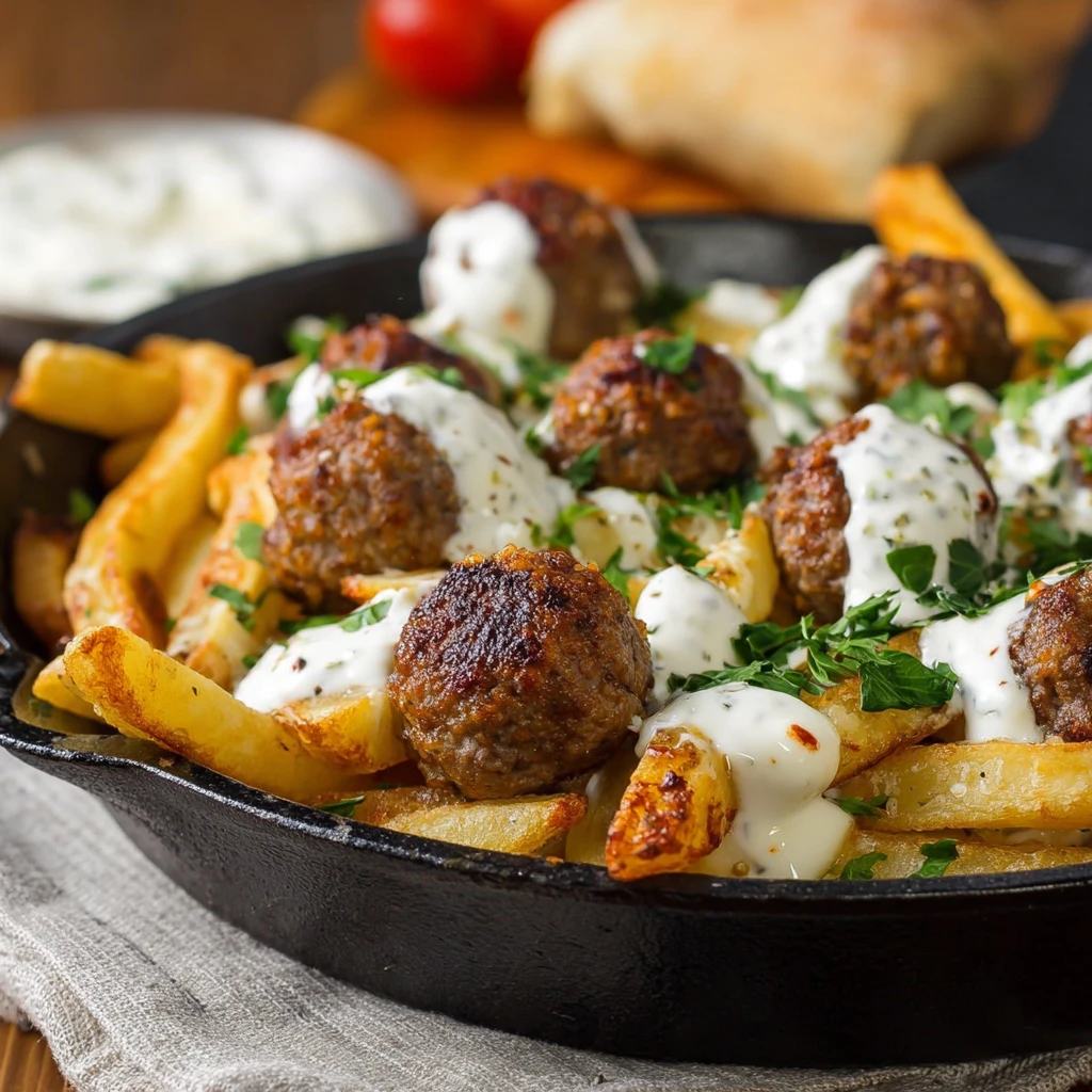 Spiced Meatball Fries Garlic Yogurt Cheese Yummy
