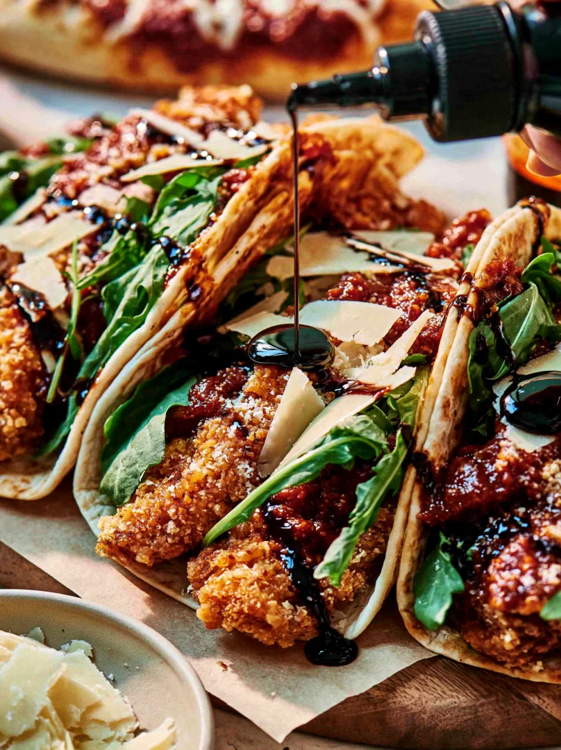 Crispy Chicken Parm Smashed Tacos