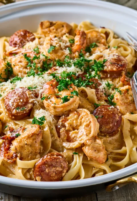 Cajun pasta with sausage shrimp and chicken