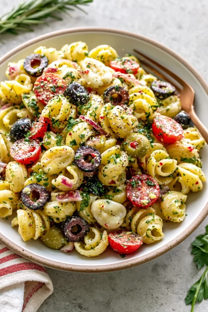 Delicious Dirty Martini Pasta Salad with Non-Alcoholic Twist
