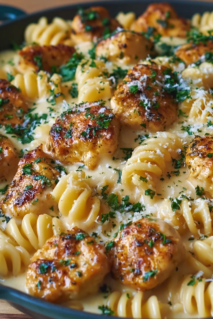 Garlic Butter Chicken Bites with Creamy Parmesan Pasta