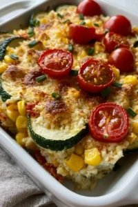 Zucchini Corn Tomato Bake with Parmesan Crust & Delicious Veggie Dish!