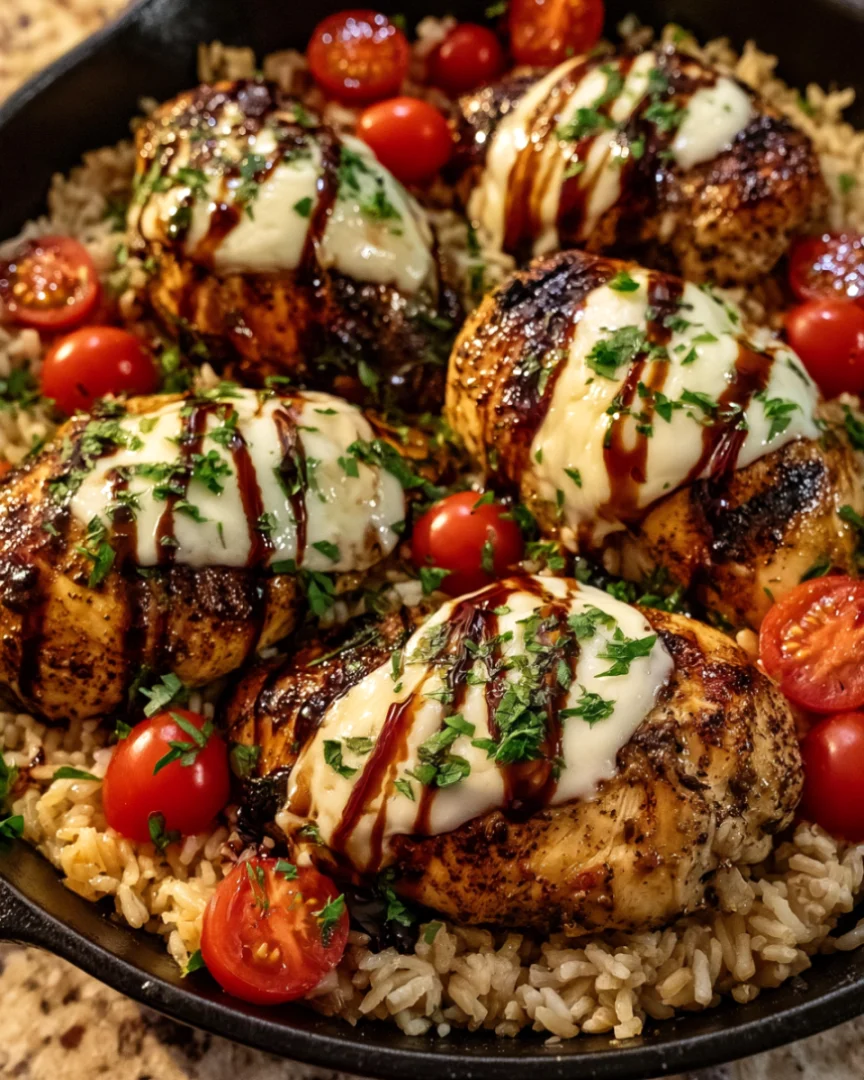 Balsamic Mozzarella Chicken with Garlic Parmesan Rice