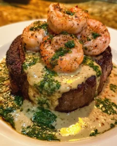 Creamy Garlic Shrimp Topped Steak with Herb Sauce