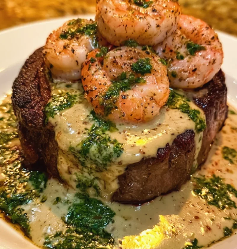 Creamy Garlic Shrimp Topped Steak with Herb Sauce