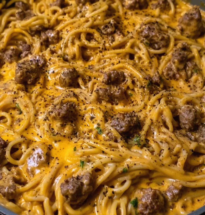 Garlic Butter Beef Spaghetti in Cheddar Cream Sauce