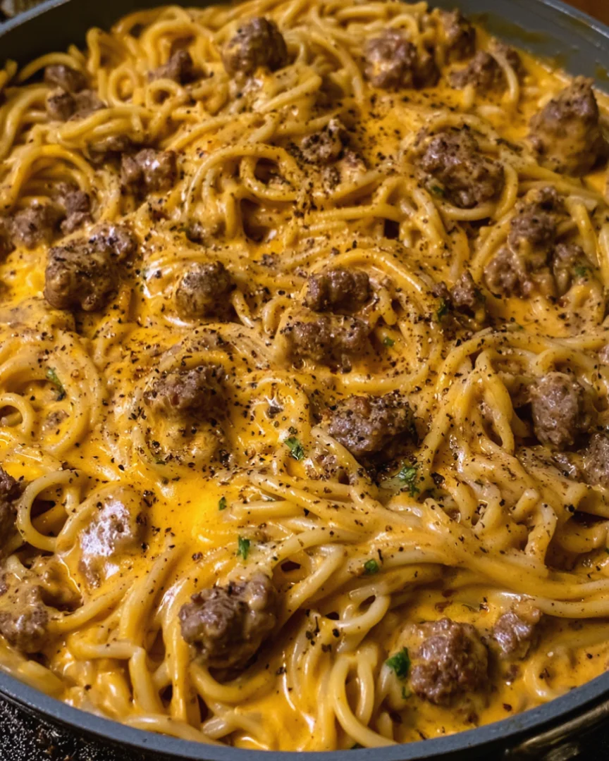 Garlic Butter Beef Spaghetti in Cheddar Cream Sauce
