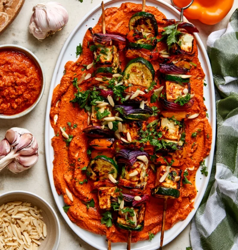 Grilled Halloumi Kebabs with Romesco Sauce