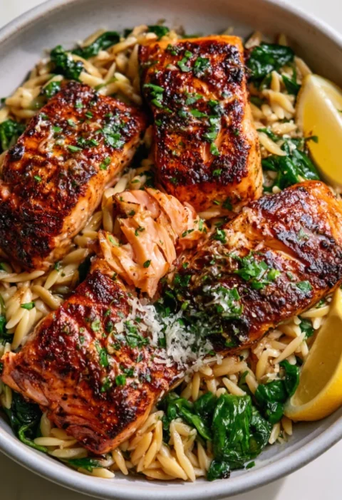 One Skillet Salmon With Lemon Orzo