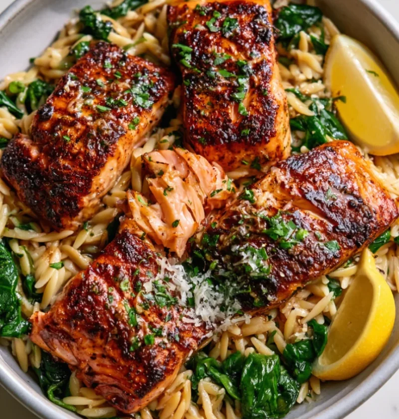 One Skillet Salmon With Lemon Orzo