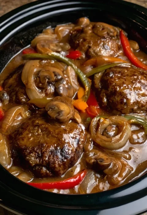 Slow Cooker Salisbury Steak with Peppers Onion Gravy