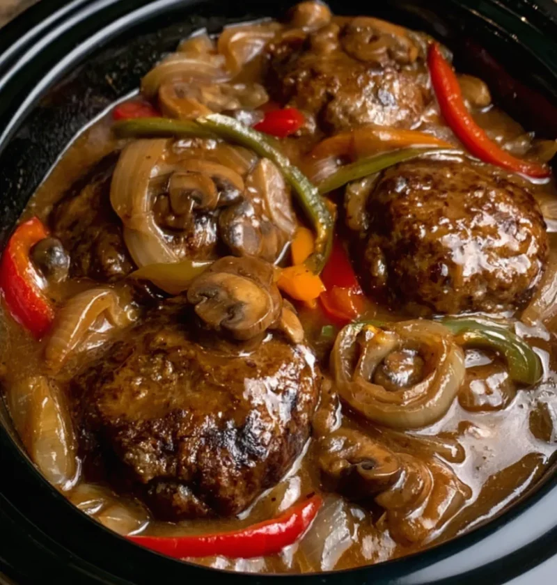 Slow Cooker Salisbury Steak with Peppers Onion Gravy