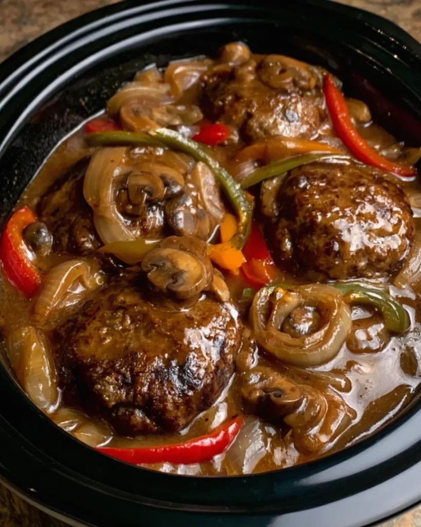Slow Cooker Salisbury Steak with Peppers Onion Gravy